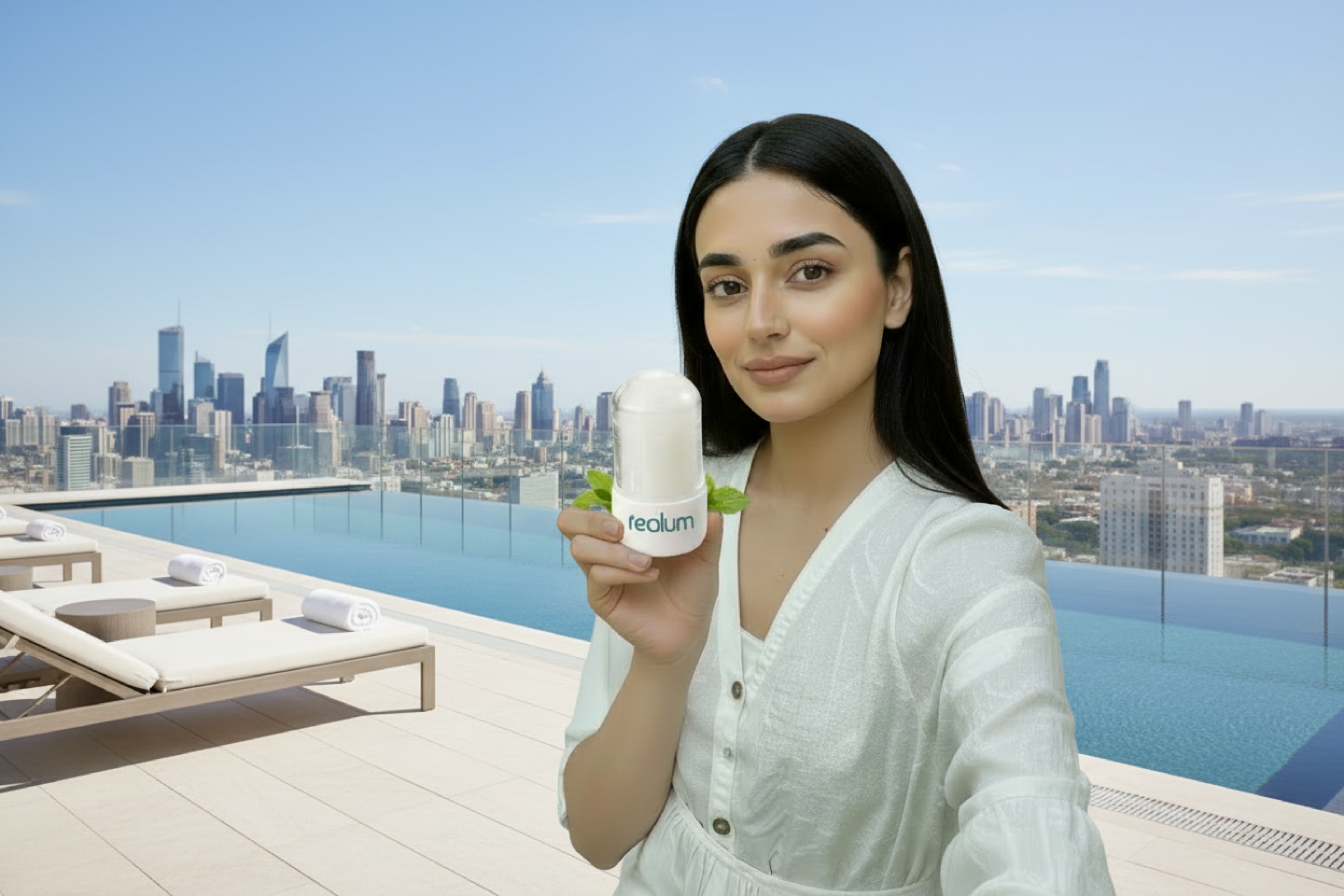 Woman holding a realum brand product outdoors with greenery in the background